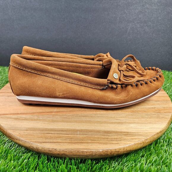 Minnetonka Kilty Moccasin Shoe Women's Size 9 Cognac Brown Leather Flat Slip On - Picture 1 of 11